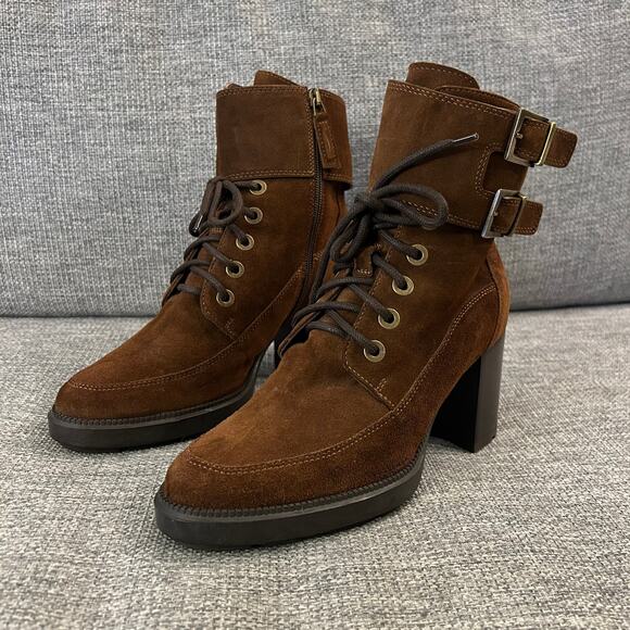 EUC Aquatalia Irene Brown Suede Boots Sz 8.5 Heeled Buckle Lace Up Ankle Booties - Picture 5 of 16
